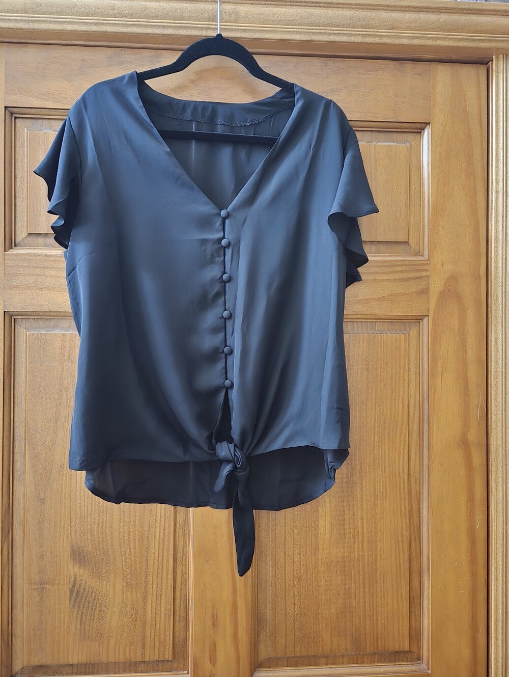 Womens  V-Neck Button-Up Chiffon Blouse Self Tie Bowknot Ruffle Sleeves Size XL
